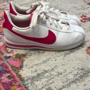 Nike White and Hot Pink Cortez Sneakers